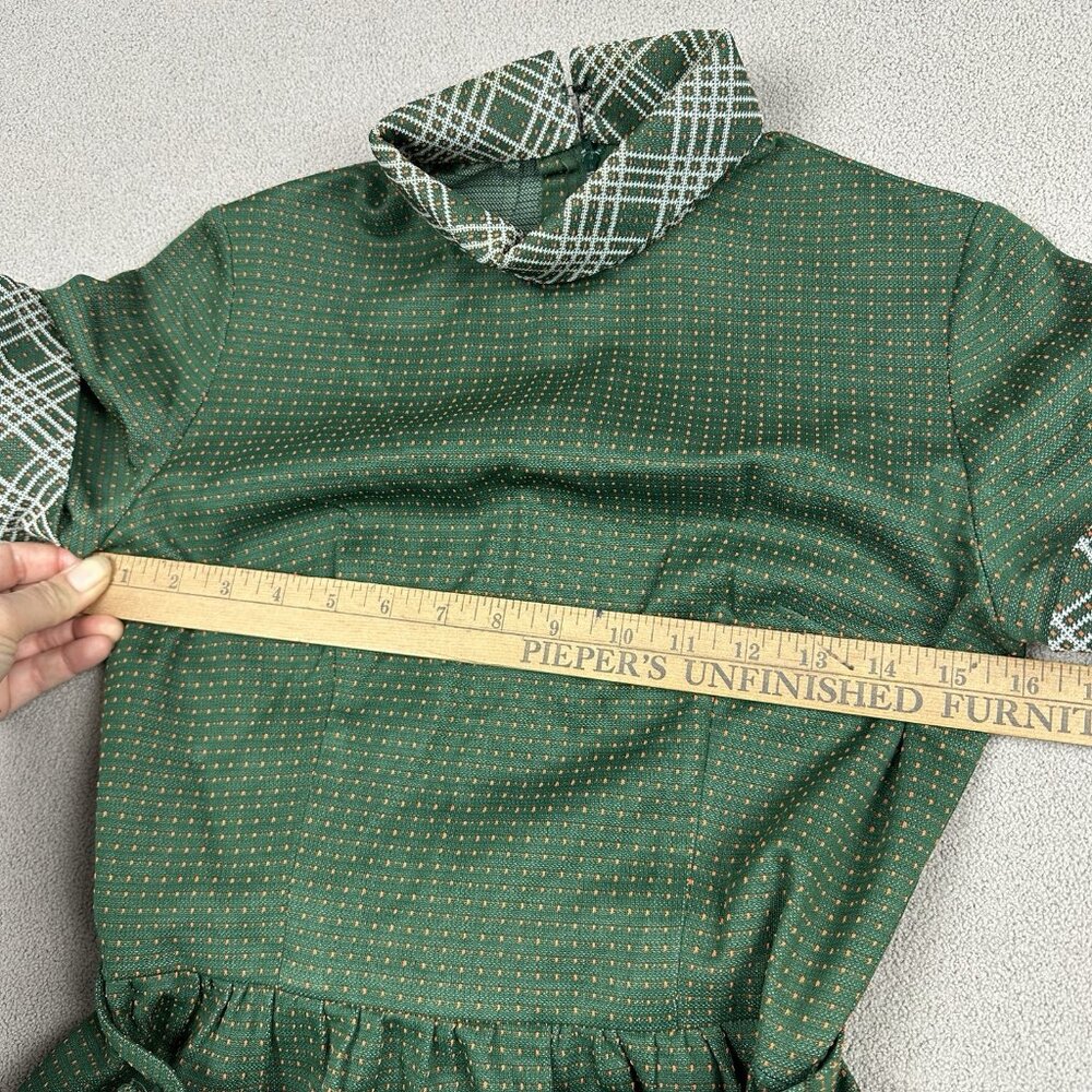 Vtg 70s Polyester Knit Green Dress w/ Belt Polka Dot High Neck 32B 26W 34L - Picture 5 of 9